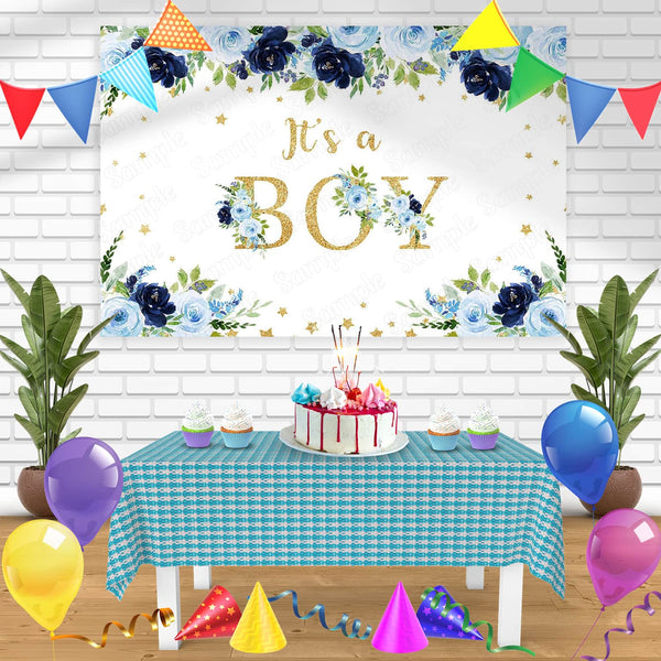 Navy Blue Flowers Its a Boy Baby Shower NBF Bn Birthday Banner Personalized Party Backdrop Decoration