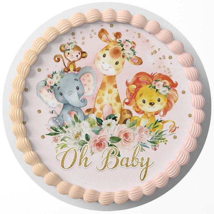 Oh Baby Jungle Animal Giraffe Lion Pink Rd Edible Cake Toppers Round