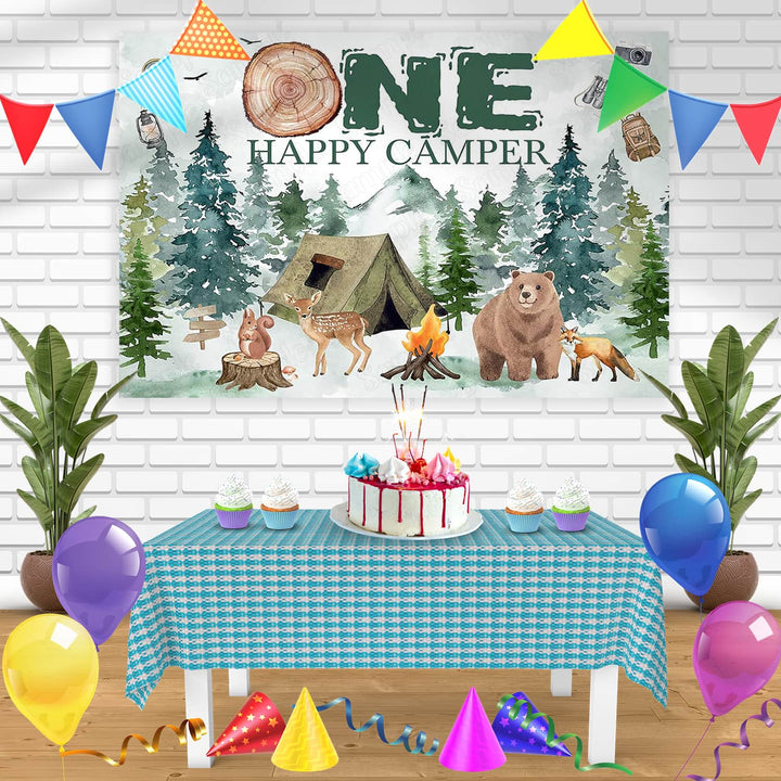 One Happy Camper Camping Adventure Forest Tent Campfire Bn Birthday Banner Personalized Party Backdrop Decoration