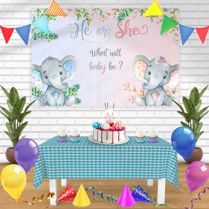 Pink or Blue Elephant Gender Reveal He or She What Will Baby Be Bn Birthday Banner Personalized Party Backdrop Decoration
