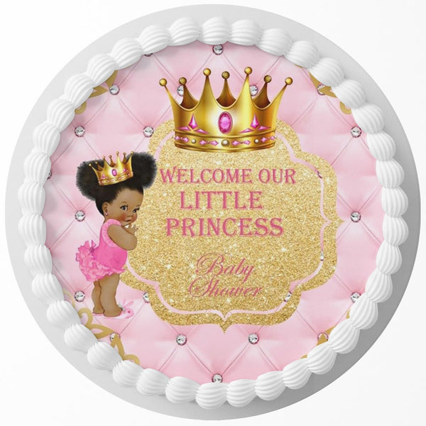 Princess Baby Shower Afro American Pink Edible Cake Toppers Round