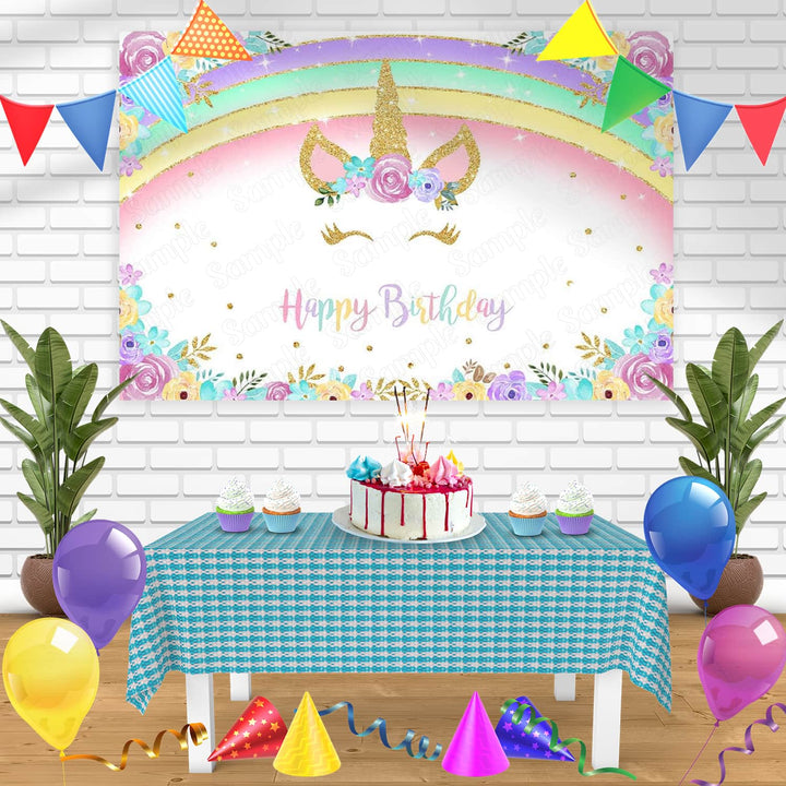 Rainbow Gold Unicorn Glitter Floral Bn Birthday Banner Personalized Party Backdrop Decoration