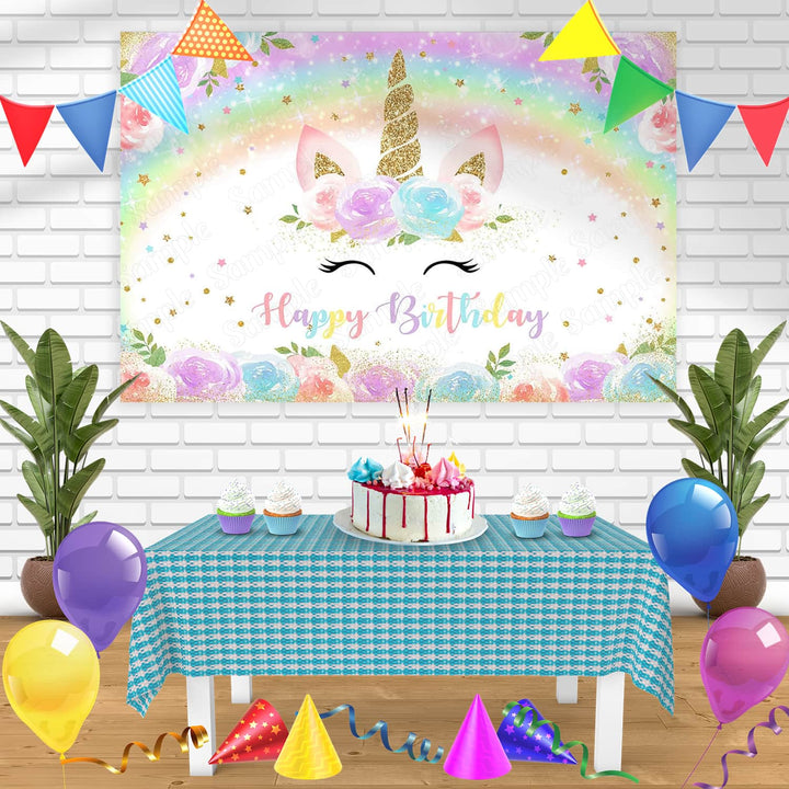 Rainbow Unicorn Glitter Watercolor Floral Gold Bn Birthday Banner Personalized Party Backdrop Decoration