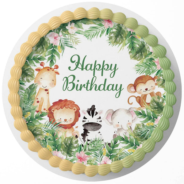 Safari Wild Jungle Green Pink PGS Rd Edible Cake Toppers Round