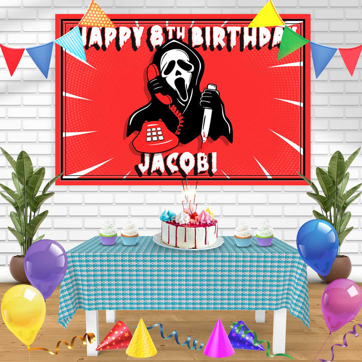 Scream Calling Ghost Face Boys Red Birthday Banner Personalized Party Backdrop Decoration