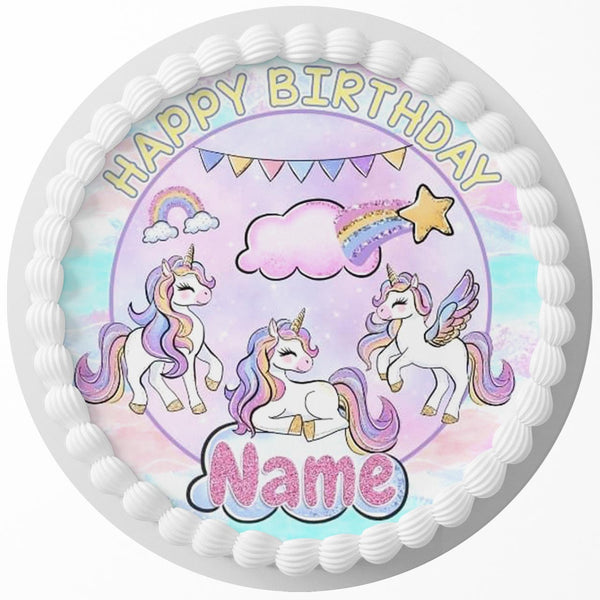 Stylish Rainbow Unicorn Edible Cake Toppers Round