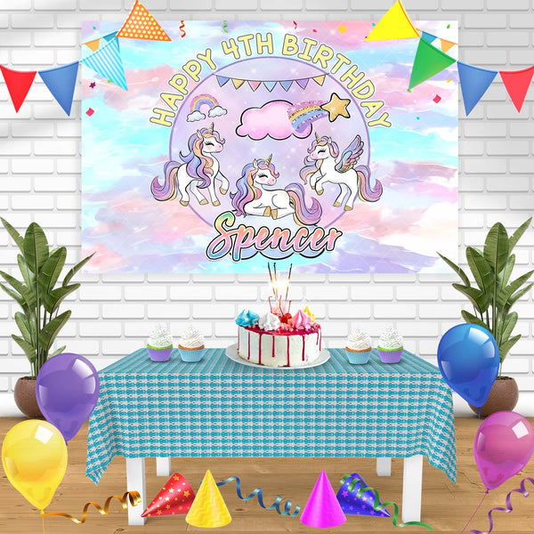 Stylish Rainbow Unicorn Purple Clouds Birthday Banner Personalized Party Backdrop Decoration