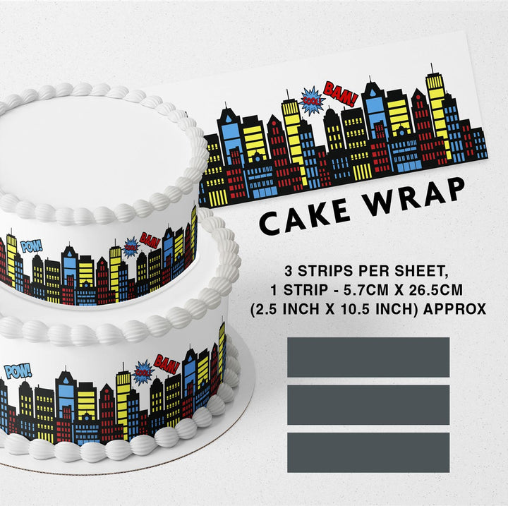 Super Heroes Bulding Background CLR Strips Edible Cake Toppers Cake Wraps