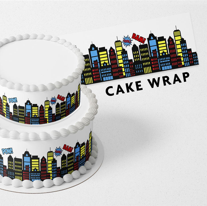 Super Heroes Bulding Background CLR Strips Edible Cake Toppers Cake Wraps