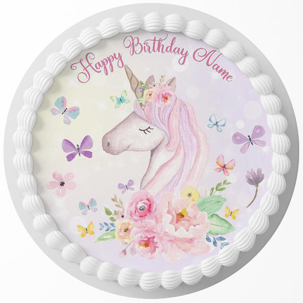 Unicorn Girls Pink Watercolor Edible Cake Toppers Round