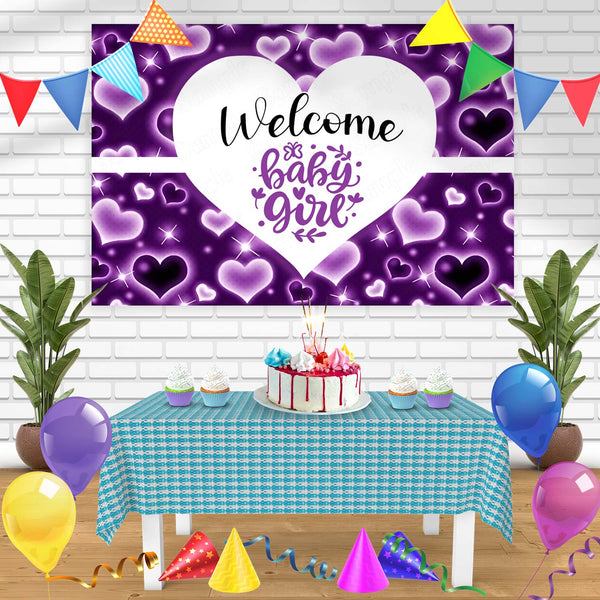 Welcome Baby Girl Purple Hearts Bn Birthday Banner Personalized Party Backdrop Decoration