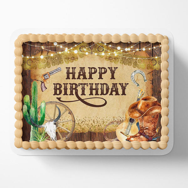 Western Cowboy Cactus Cattle Boys Rustic Wooden Edible Cake Toppers