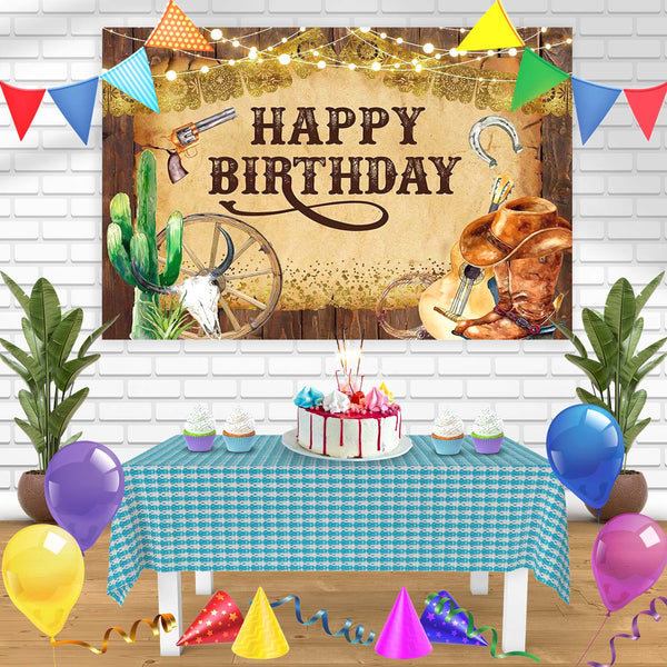 Western Cowboy Cactus Cattle Boys Rustic Wooden Birthday Banner Personalized Party Backdrop Decoration