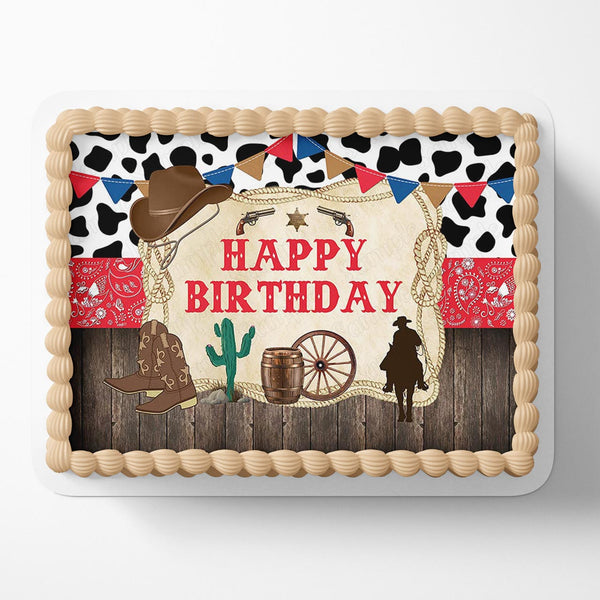 Western Cowboy Cactus Cattle Boys Rustic Wooden Red Bandana CWW Edible Cake Toppers