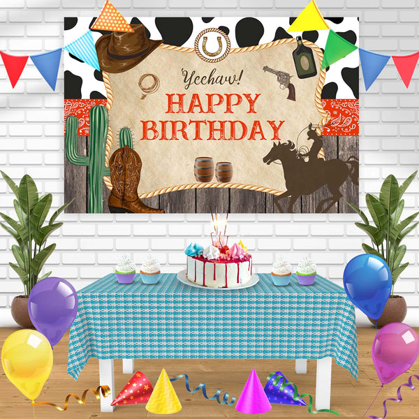 Western Cowboy Hat Cactus Cattle Boys Red Bandana WWS Birthday Banner Personalized Party Backdrop Decoration