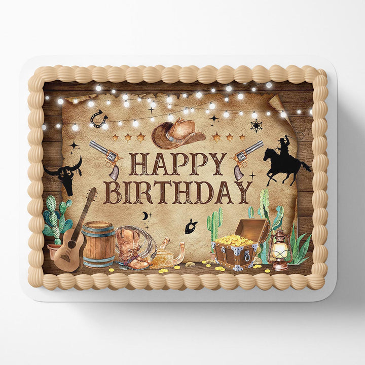 Western Cowboy Horse Boys Rustic Wooden Barn Cactus Guitar Hat Wild West Edible Cake Toppers