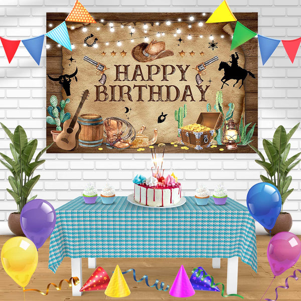 Western Cowboy Horse Boys Rustic Wooden Barn Cactus Guitar Hat Wild West Birthday Banner Personalized Party Backdrop Decoration