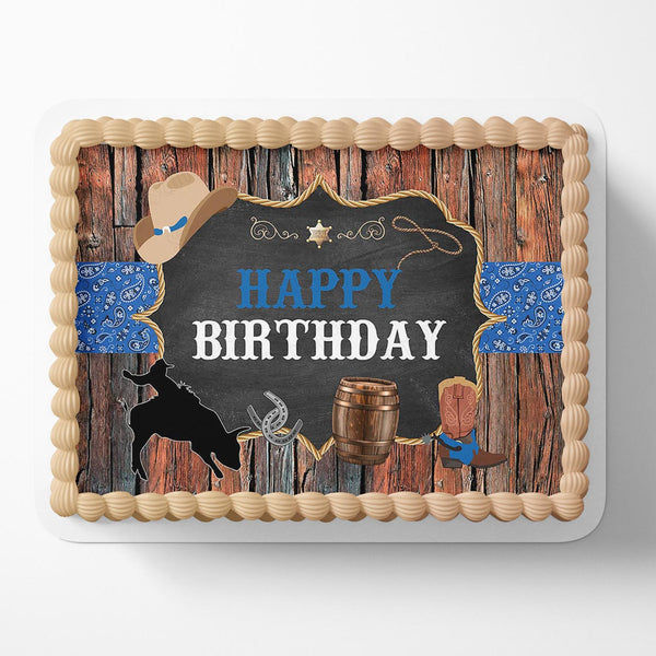Western Cowboy Rodeo Rustic Wooden Mens Blue Bandana Edible Cake Toppers