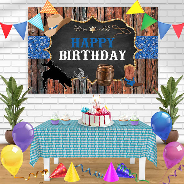 Western Cowboy Rodeo Rustic Wooden Mens Blue Bandana Birthday Banner Personalized Party Backdrop Decoration