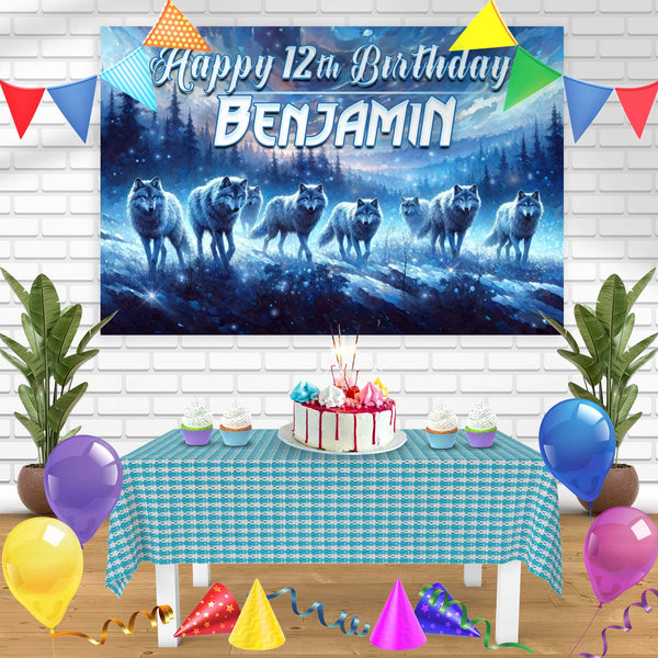 Wolf Pack Winter Forest Bn Birthday Banner Personalized Party Backdrop Decoration