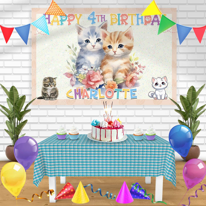 Cute Kitten Twins Bn Birthday Banner Personalized Party Backdrop Decoration