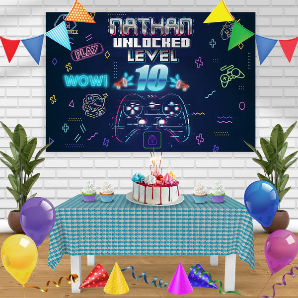 Dad Level Unlocked Gamer Birthday Banner Personalized Party Backdrop Decoration