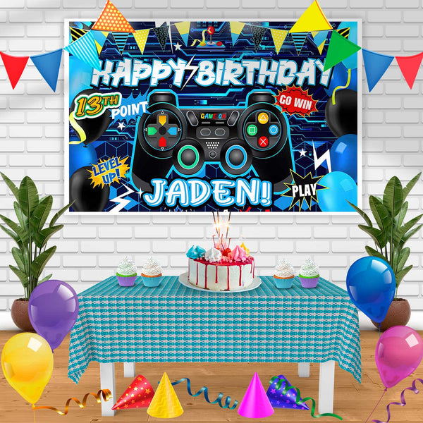 Gamer Console Blue Birthday Banner Personalized Party Backdrop Decoration