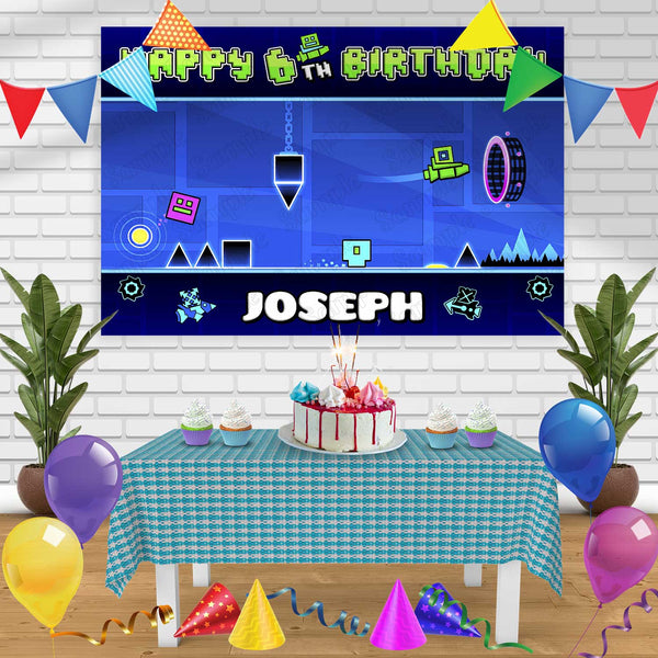 Geometry Dash Blue Gamer Birthday Banner Personalized Party Backdrop Decoration