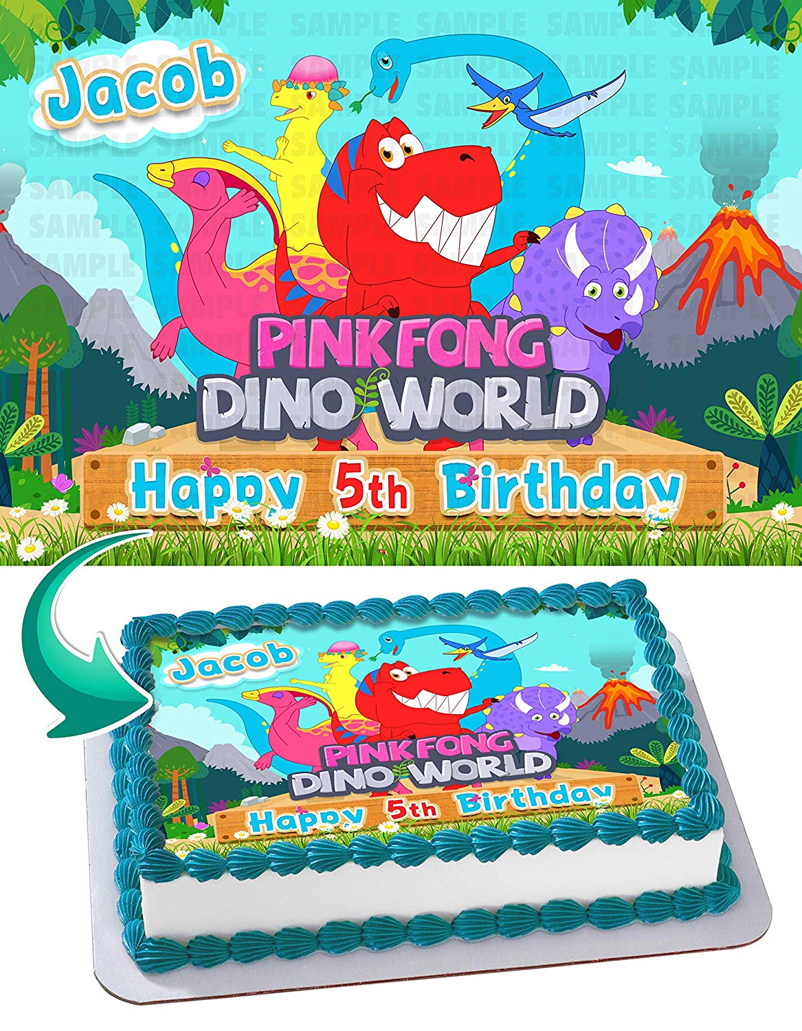 Pinkfong Cake Rectangular PinkFong Dino World TRex Boy Edible Cake Toppers – Ediblecaketopper