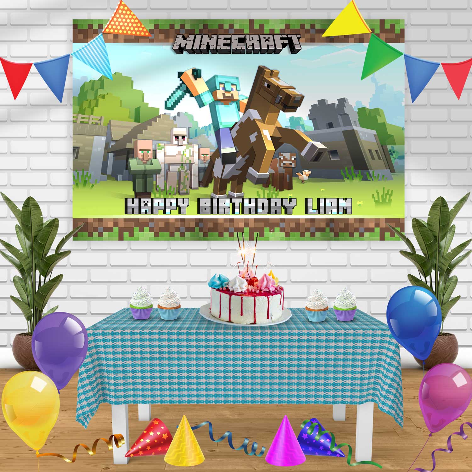 Minecraft 3 Birthday Banner Personalized Party Backdrop Decoration ...