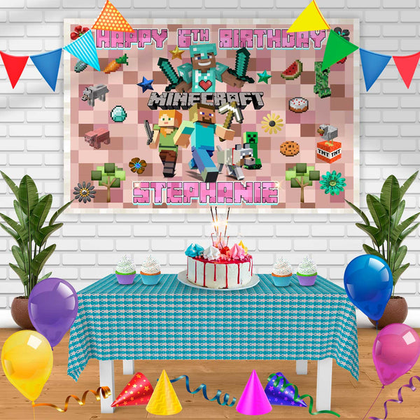 Minecraft Pink Girls Pixel Birthday Banner Personalized Party Backdrop Decoration