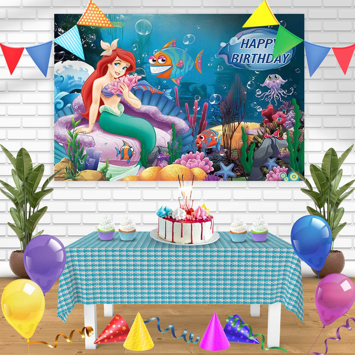 Princess Ariel The Little Mermaid Coral Bn Birthday Banner Personalized Party Backdrop Decoration