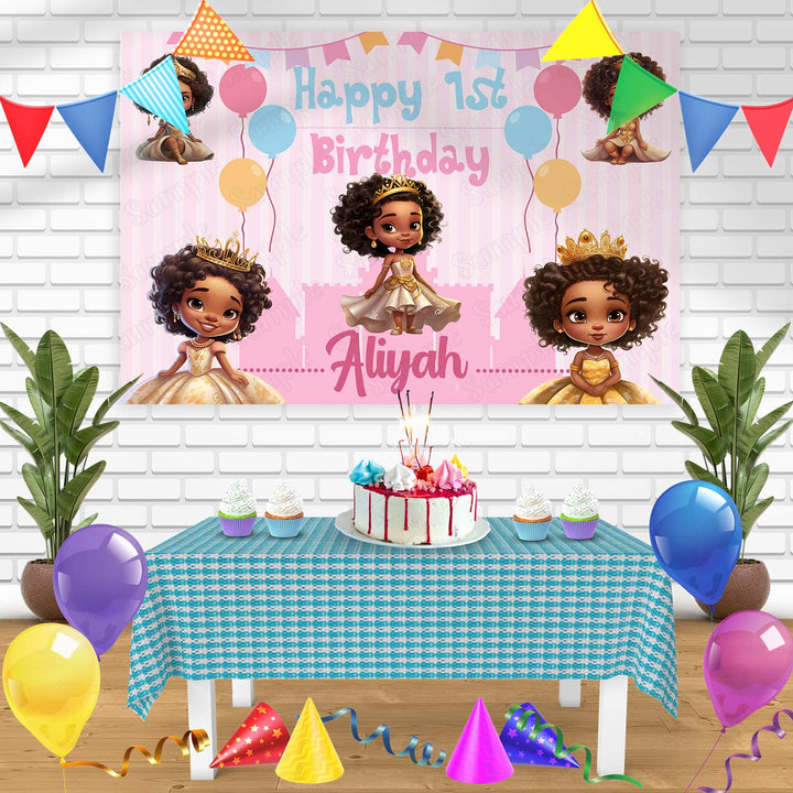 Princess Black Afro American Cute Girls PR Bn Birthday Banner Personalized Party Backdrop Decoration