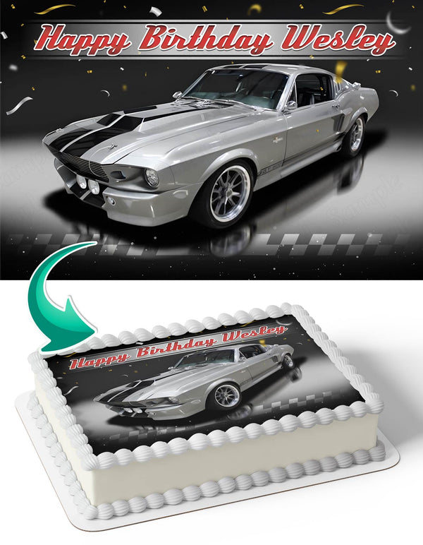 1968 Silver Ford Mustang Fastback Edible Cake Toppers