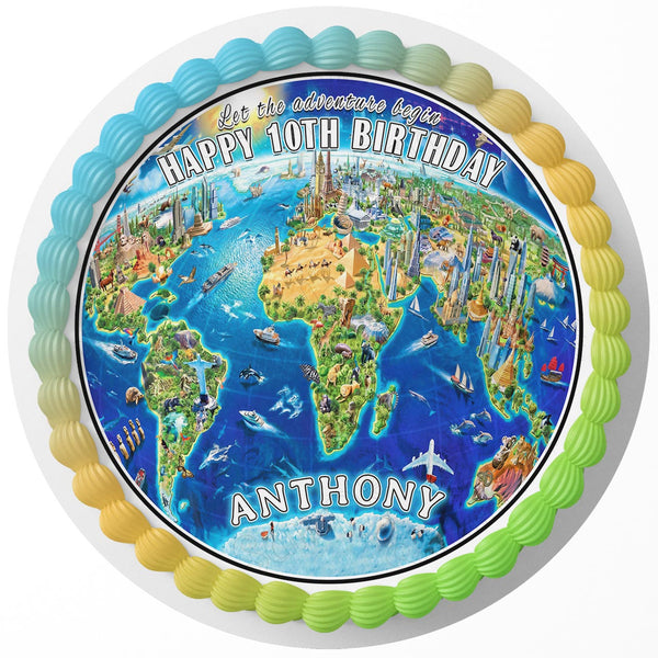 3D World Map Edible Cake Toppers Round