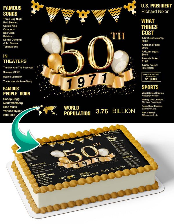 50th Black Golden Glitter Shiny 50 Year Old Wedding Anniversary Party50A Edible Cake Toppers