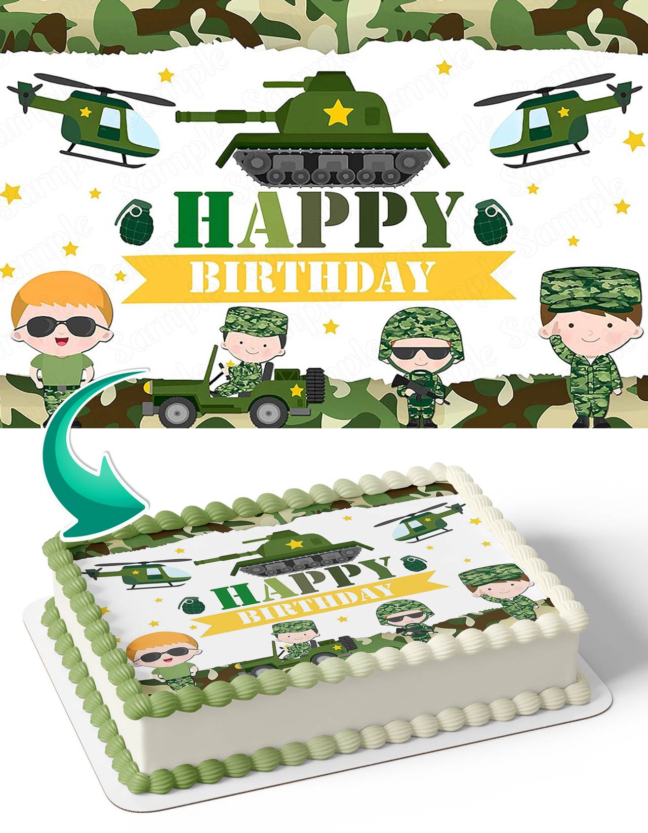 Army Soldier Military Tank Helicopter Camouflage Kids Edible Cake ...