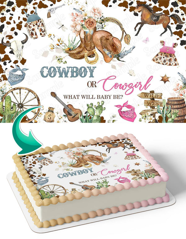Cowboy or Cowgirl Baby Gender Reveal Shower What will Baby Be Edible Cake Toppers