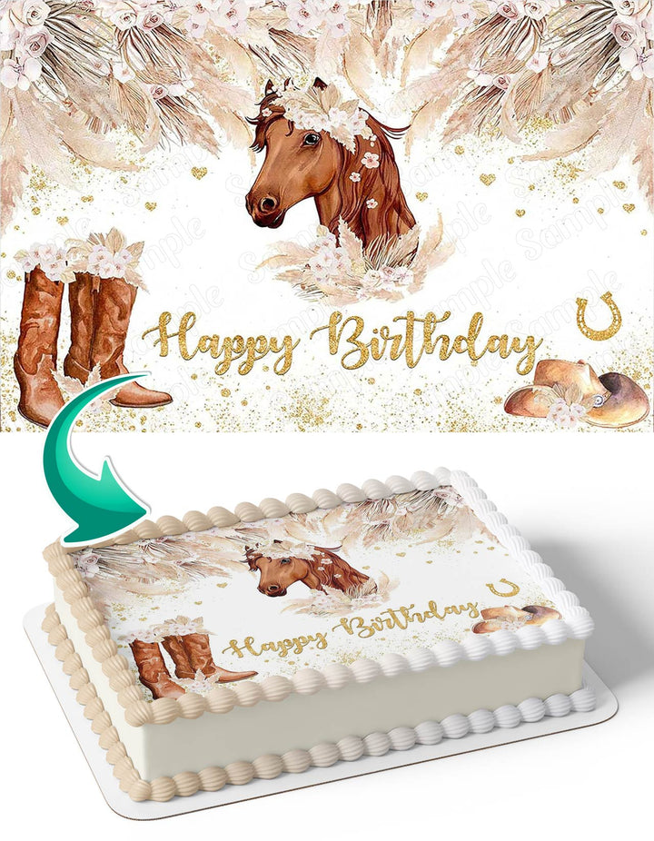 Cowgirl Boots Hat Pink Grass Horse Edible Cake Toppers