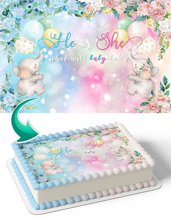 Elephant He or She Gender Reveal Edible Cake Toppers