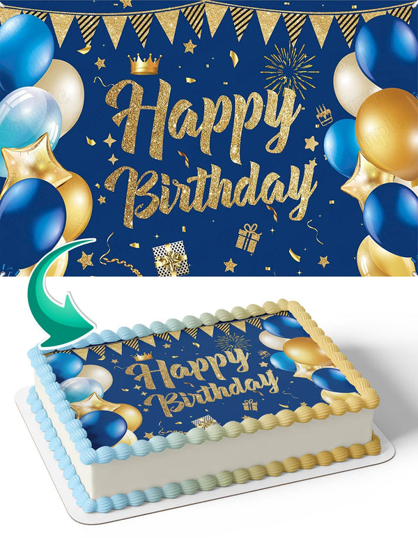 Gold Blue Balloon Stars lights Edible Cake Toppers