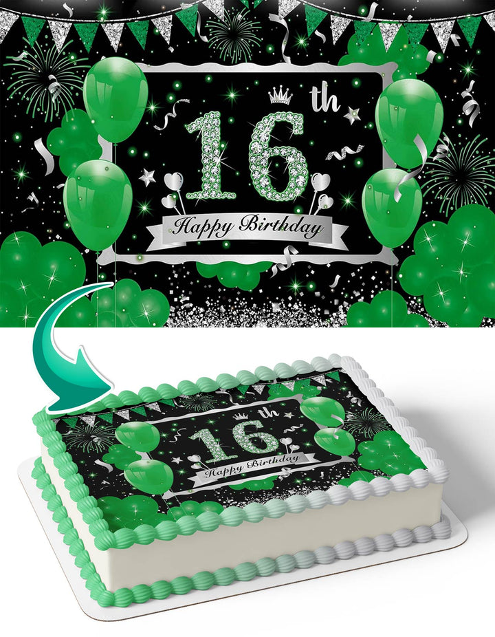 Green Silver 16th Sixteen Year Old Glitter Balloons Edible Cake Toppers