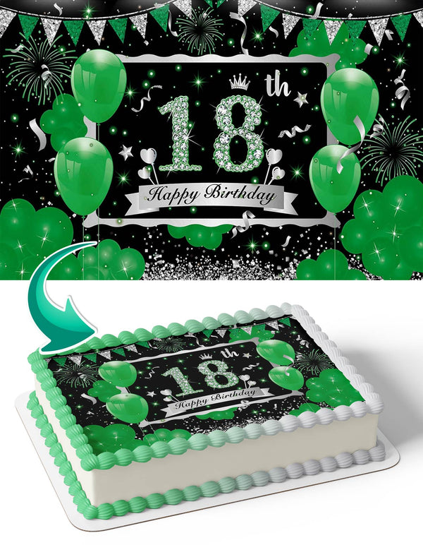 Green Silver 18th Eighteen Year Old Glitter Balloons Edible Cake Toppers