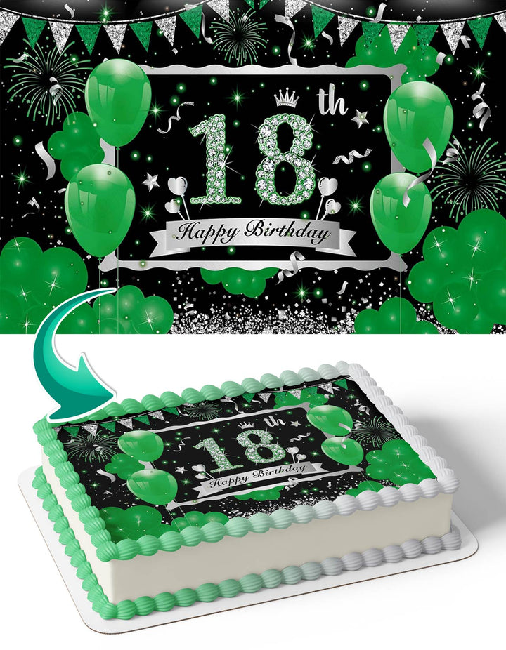 Green Silver 18th Eighteen Year Old Glitter Balloons Edible Cake Toppers