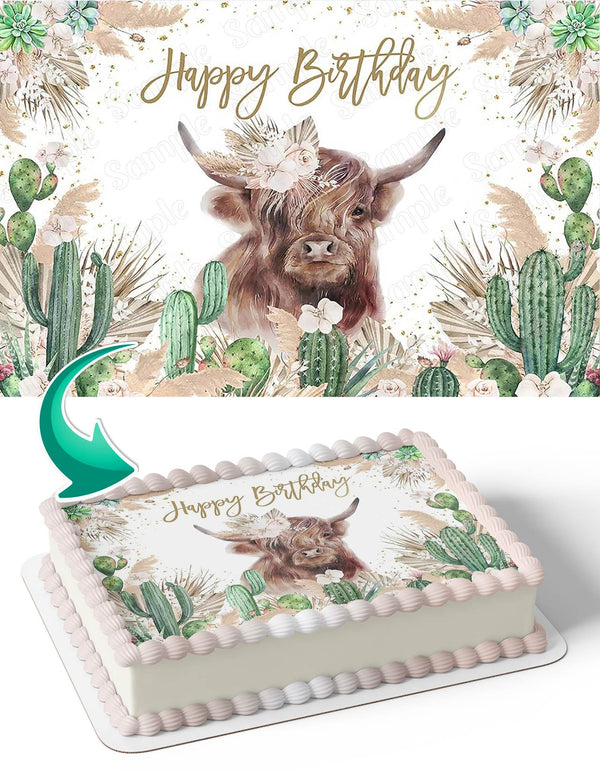 Highland Cow Cactus Grass Floral Baby Shower Farm Cattle Edible Cake Toppers