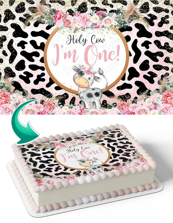 Holy Cow Im One Pink Floral Farm Milk Cow Edible Cake Toppers