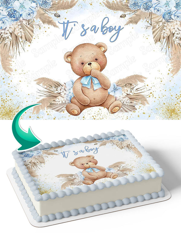 Its a Boy Teddy Bear Blue Edible Cake Toppers