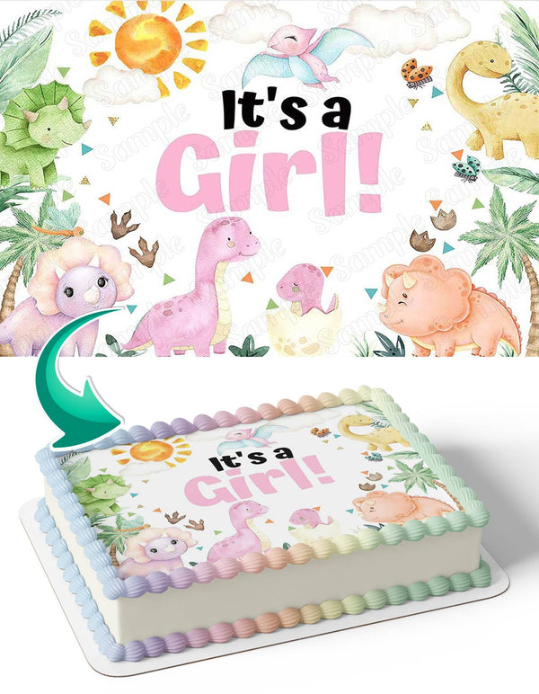 Its a Girl Baby Shower Pink Cartoon Dinosaur Edible Cake Toppers