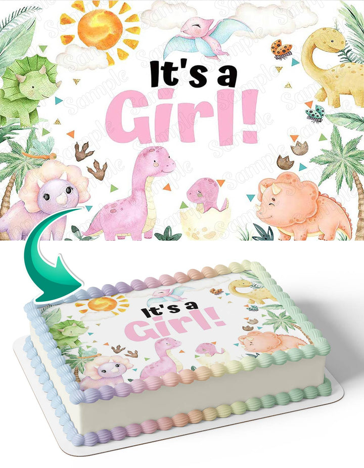 Its a Girl Baby Shower Pink Cartoon Dinosaur Edible Cake Toppers