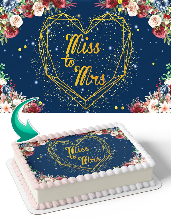 Miss to Mrs Navy Blue Flower Glitter Wedding Bridal Edible Cake Toppers